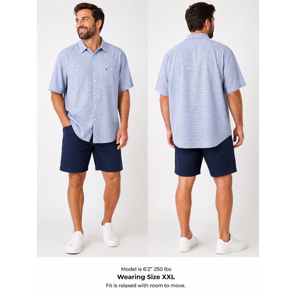 IZOD Men’s XXL Blue Stripe Linen Blend Button Up Shirt Short Sleeve 2XL B-10